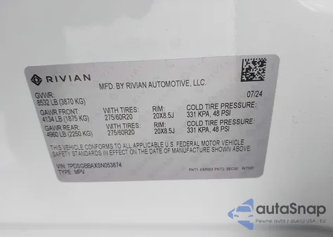 2025 Rivian R1S Adventure Dual Motor Large Pack/Adventure Dual Motor Max Pack z USA, uszkodzony, nr VIN 7PDSGBBAXSN053874